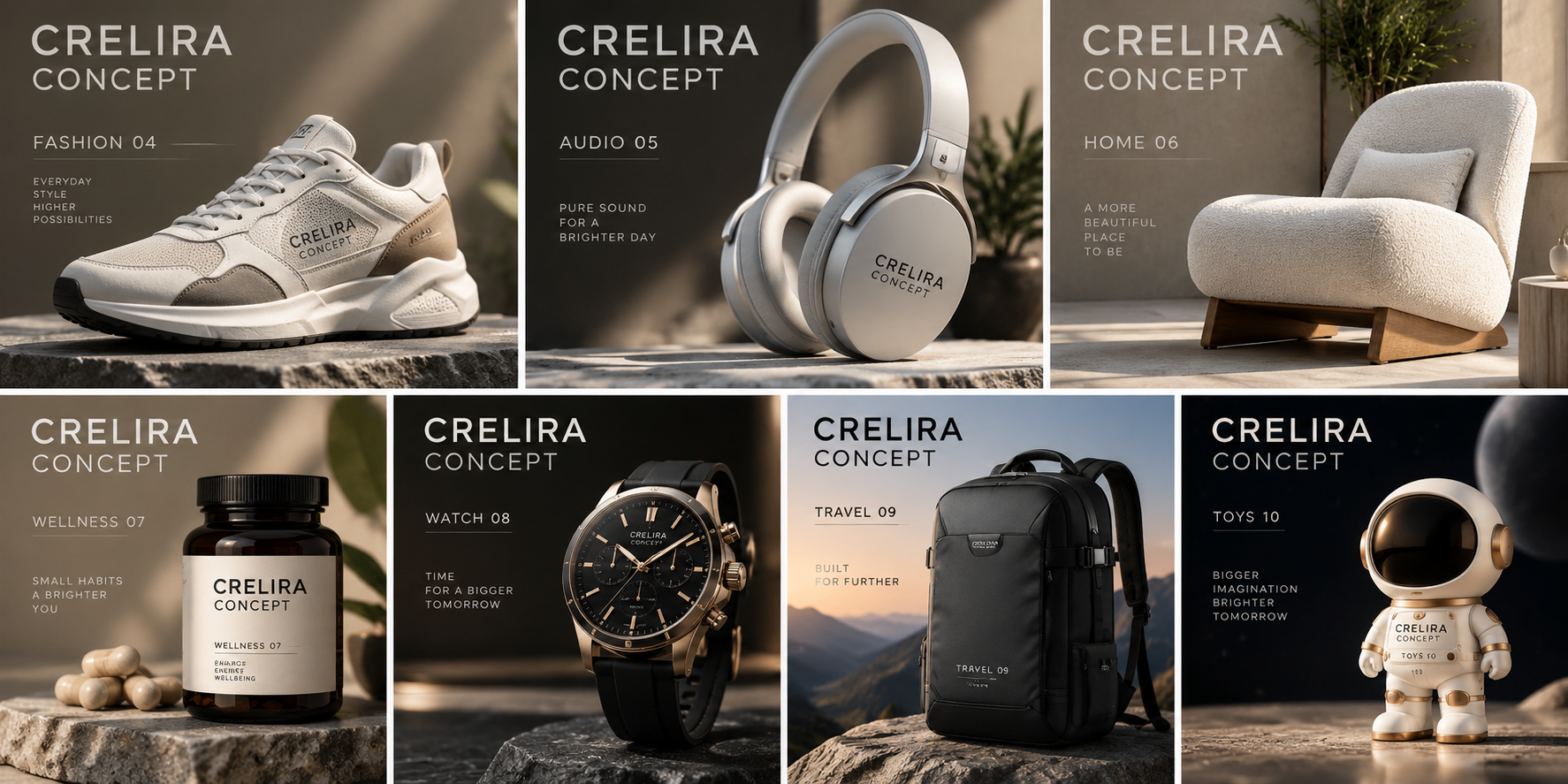 Crelira concept catalog spanning fashion, electronics, home, wellness, watches, travel and toys